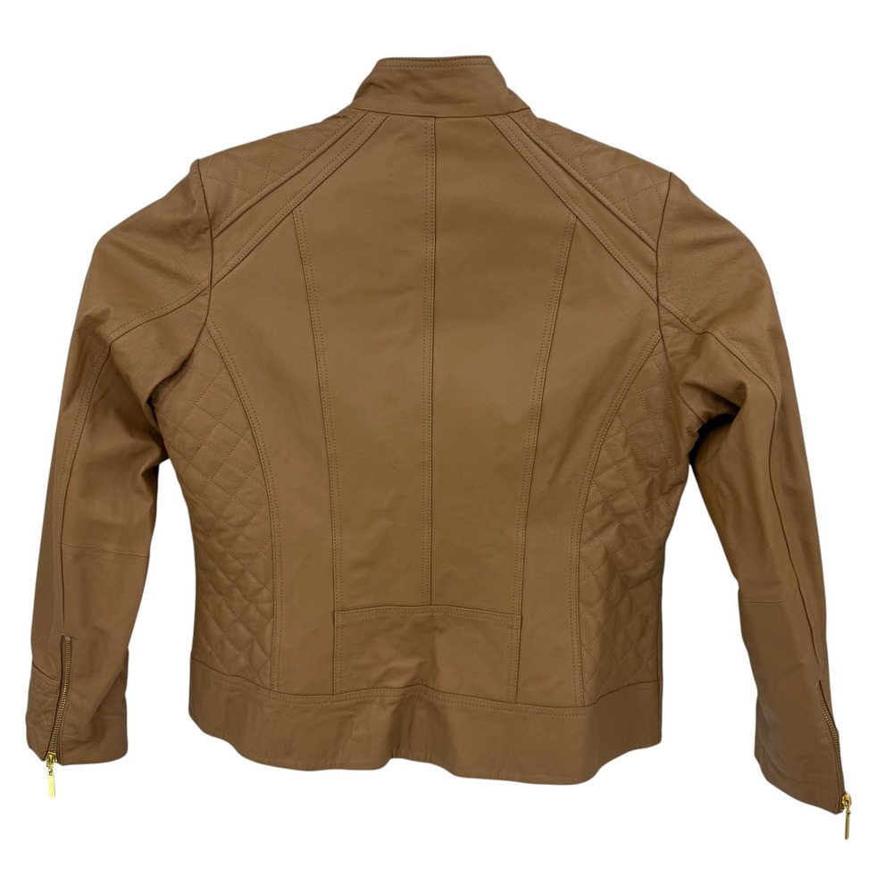 IMAN Genuine Leather Jacket Women Large Tan Quilted Biker Moto Gold Zip Chic - Picture 2 of 11